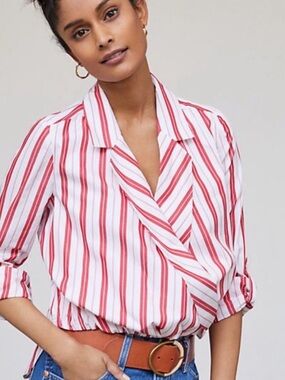 Anthropologie Harshman LA Red and White Striped Wrap-Style Surplice Top